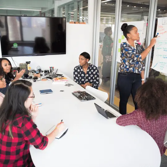 Digital marketing team sitting around a table and reviewing content on a whiteboard